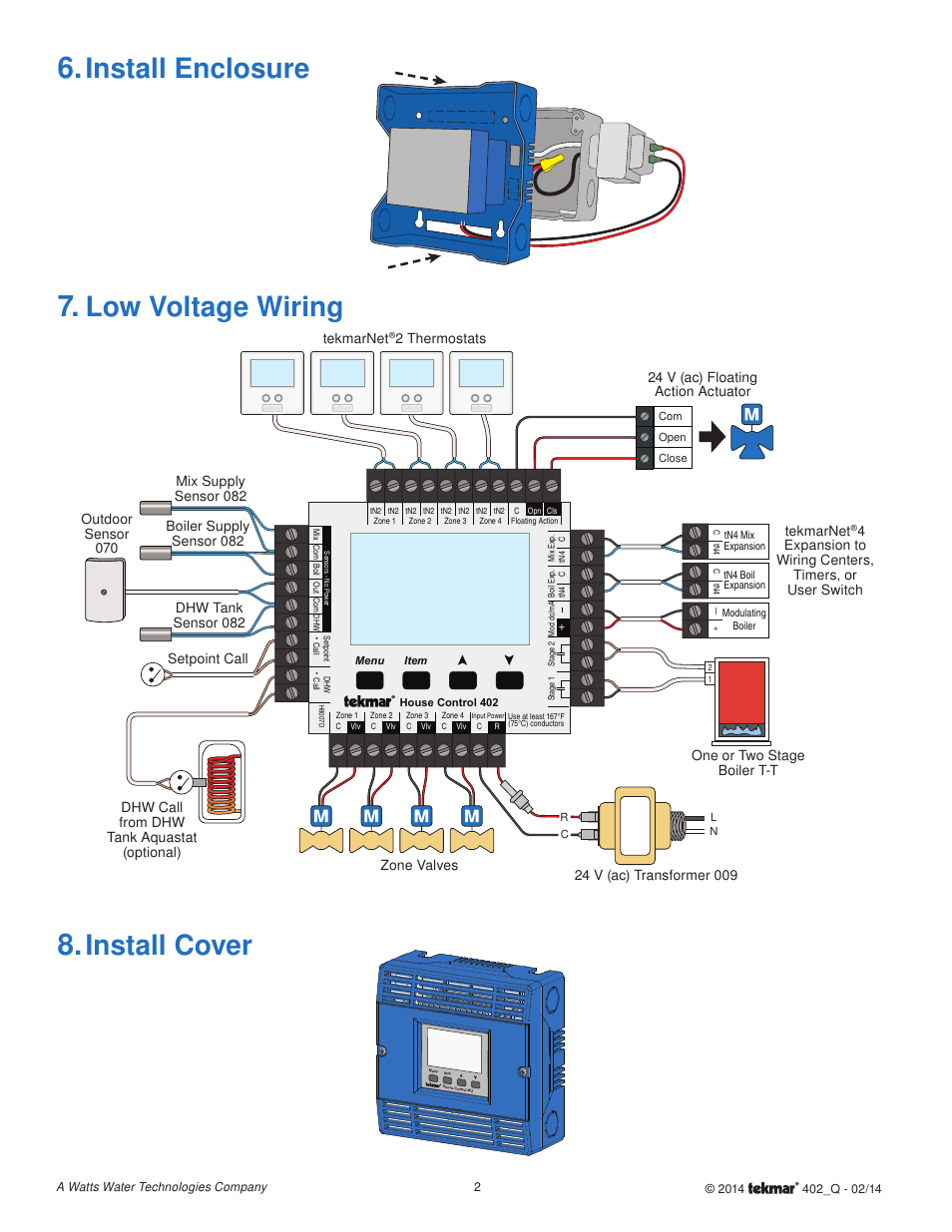 Install enclosure, Install cover, Low voltage wiring | tekmar 402 House Control Quick Start User Manual | Page 2 / 12