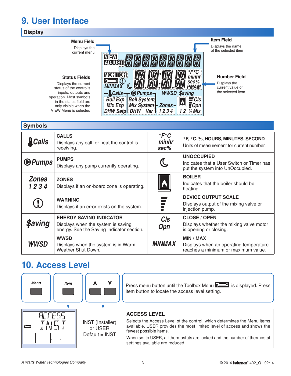 User interface, Saving, Access level | Calls, Pumps, Zones 1 2 3 4, Wwsd, Cls opn, Max min | tekmar 402 House Control Quick Start User Manual | Page 3 / 12