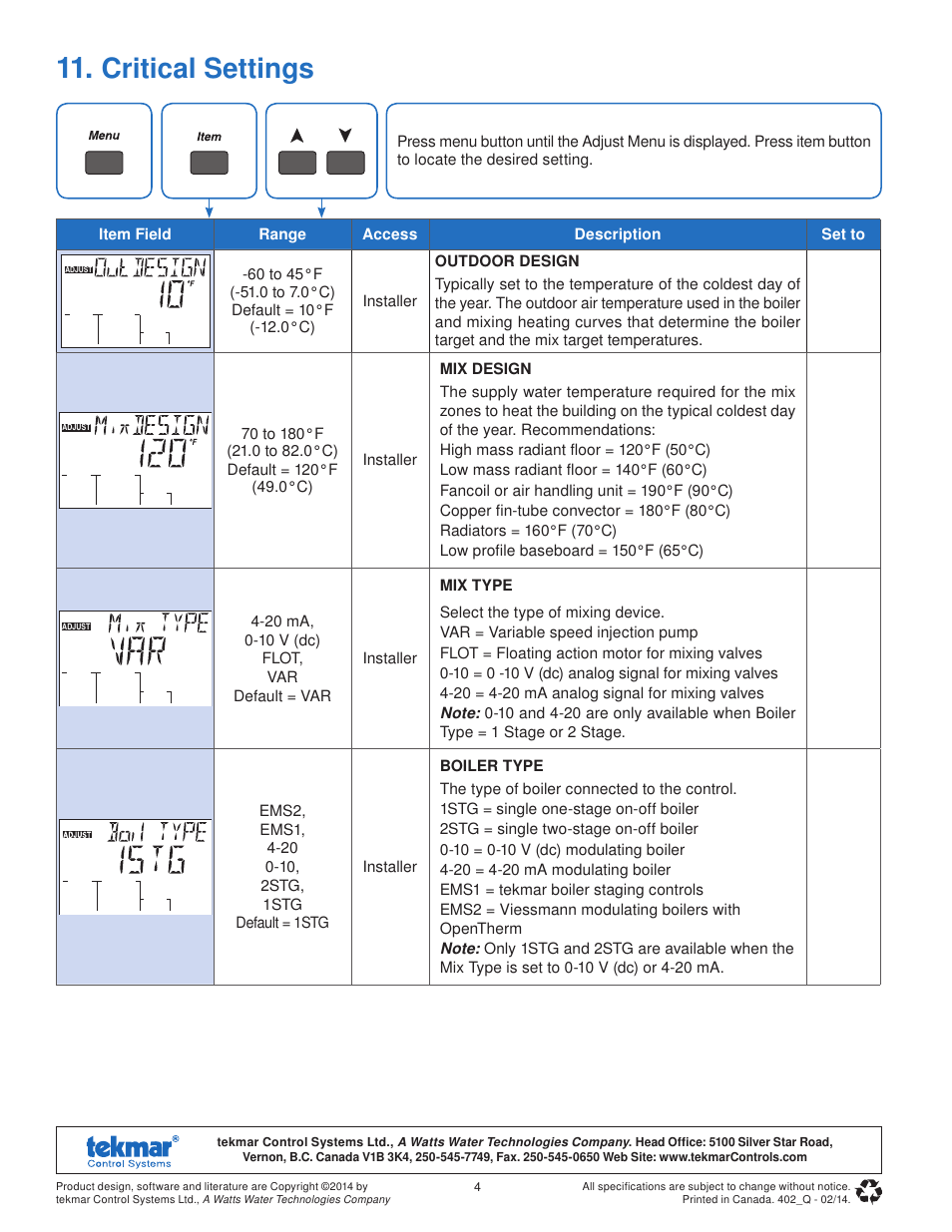 Critical settings | tekmar 402 House Control Quick Start User Manual | Page 4 / 12