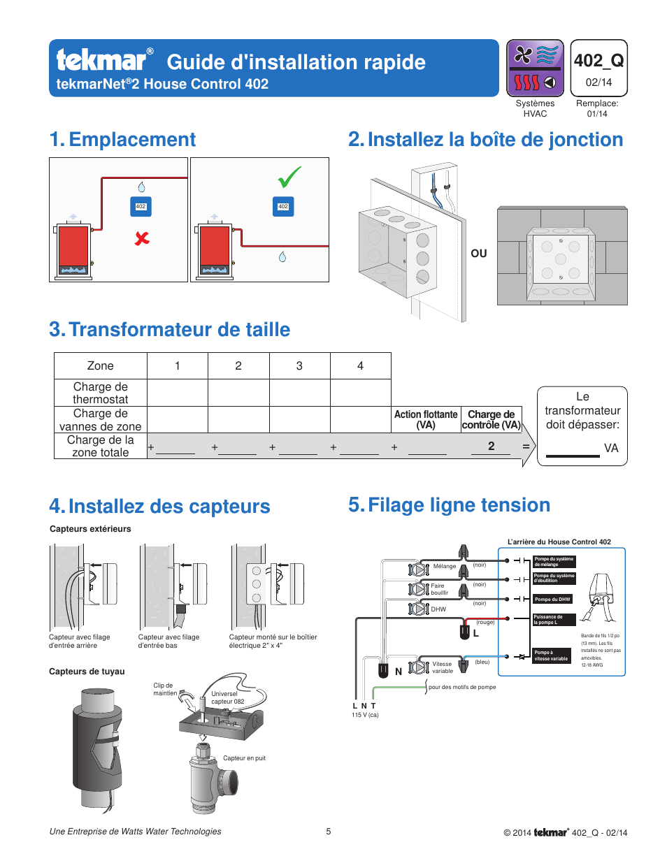 Guide d'installation rapide, Emplacement, Installez la boîte de jonction | Transformateur de taille, Installez des capteurs, Filage ligne tension, 402_q, Tekmarnet, 2 house control 402 | tekmar 402 House Control Quick Start User Manual | Page 5 / 12