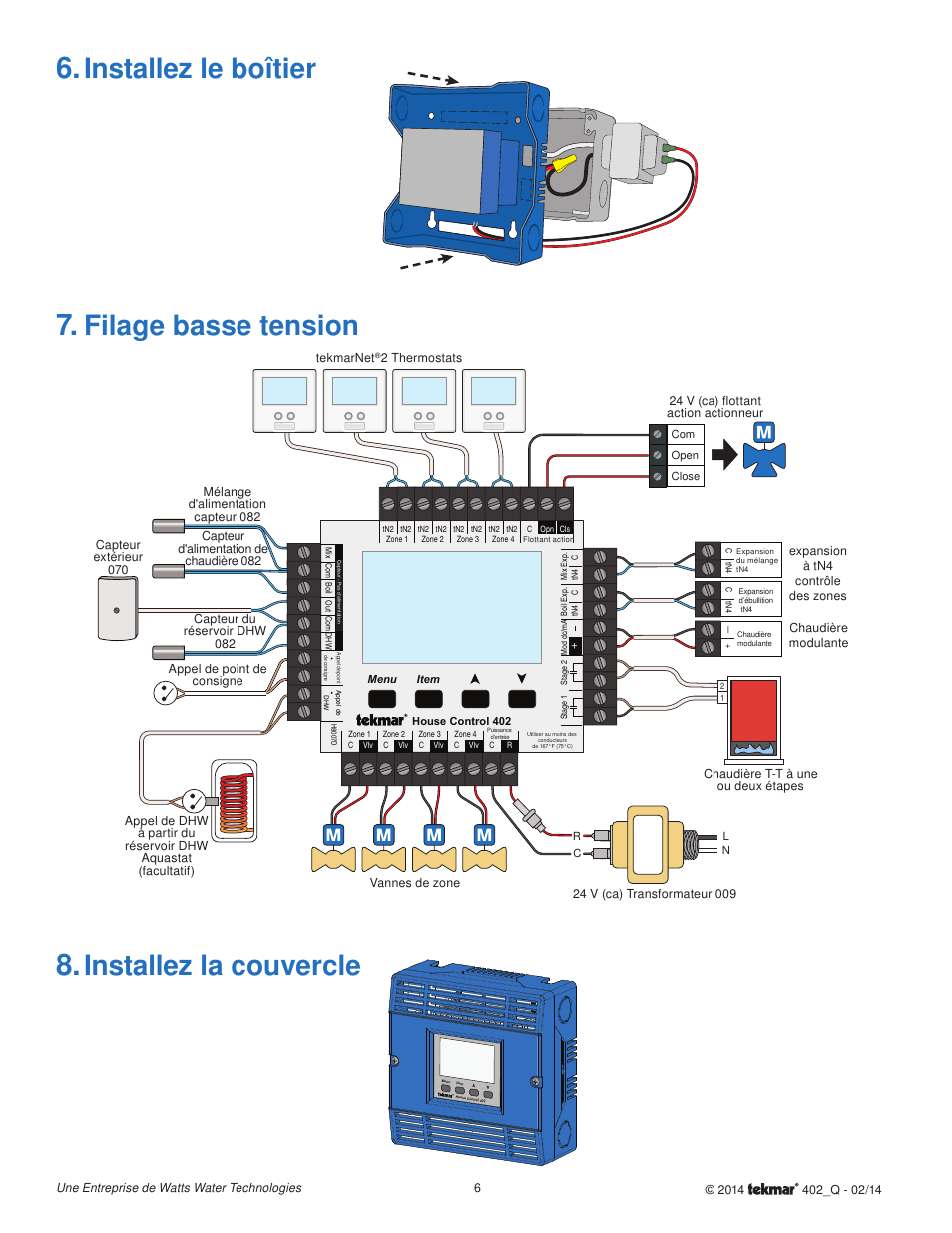Installez le boîtier, Installez la couvercle, Filage basse tension | tekmar 402 House Control Quick Start User Manual | Page 6 / 12