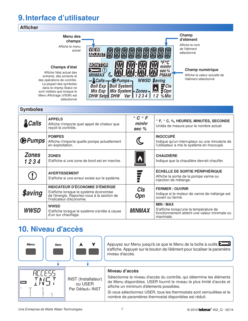 Interface d’utilisateur, Saving, Niveau d'accès | Calls, Pumps, Zones 1 2 3 4, Wwsd, Cls opn, Max min | tekmar 402 House Control Quick Start User Manual | Page 7 / 12