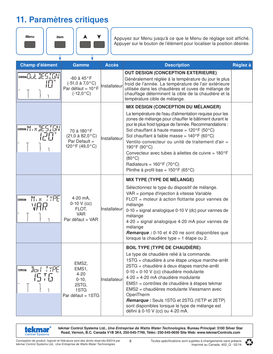 Paramètres critiques | tekmar 402 House Control Quick Start User Manual | Page 8 / 12