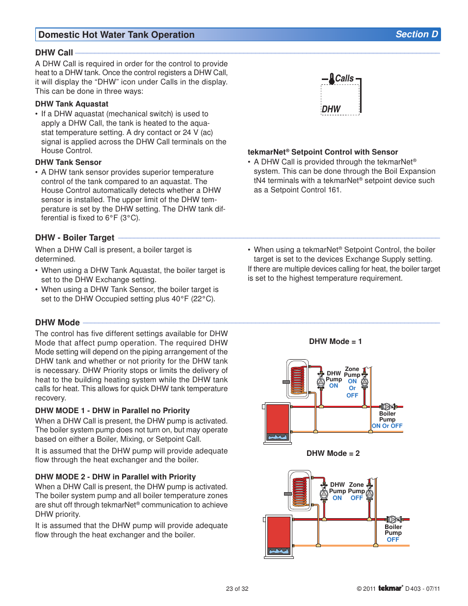 Dhw calls | tekmar 403 House Control Installation User Manual | Page 23 / 32