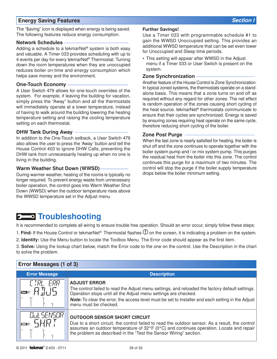 Troubleshooting | tekmar 403 House Control Installation User Manual | Page 28 / 32