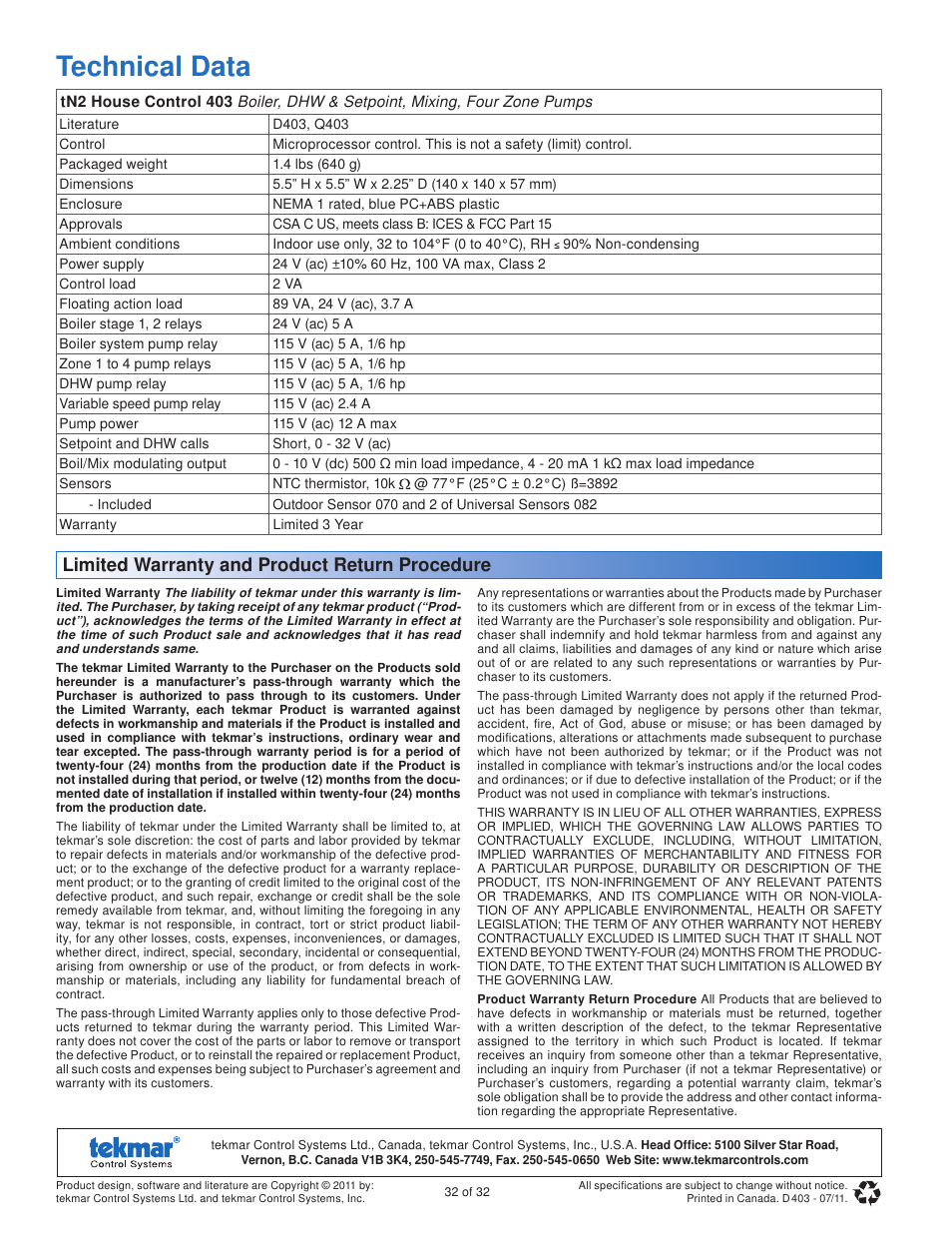 Technical data, Limited warranty and product return procedure | tekmar 403 House Control Installation User Manual | Page 32 / 32