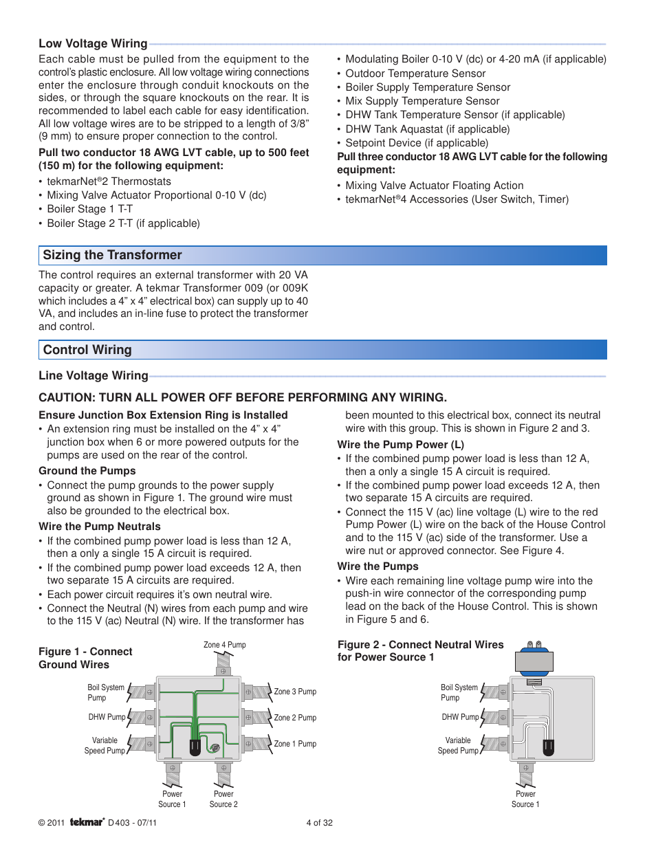 Sizing the transformer control wiring | tekmar 403 House Control Installation User Manual | Page 4 / 32