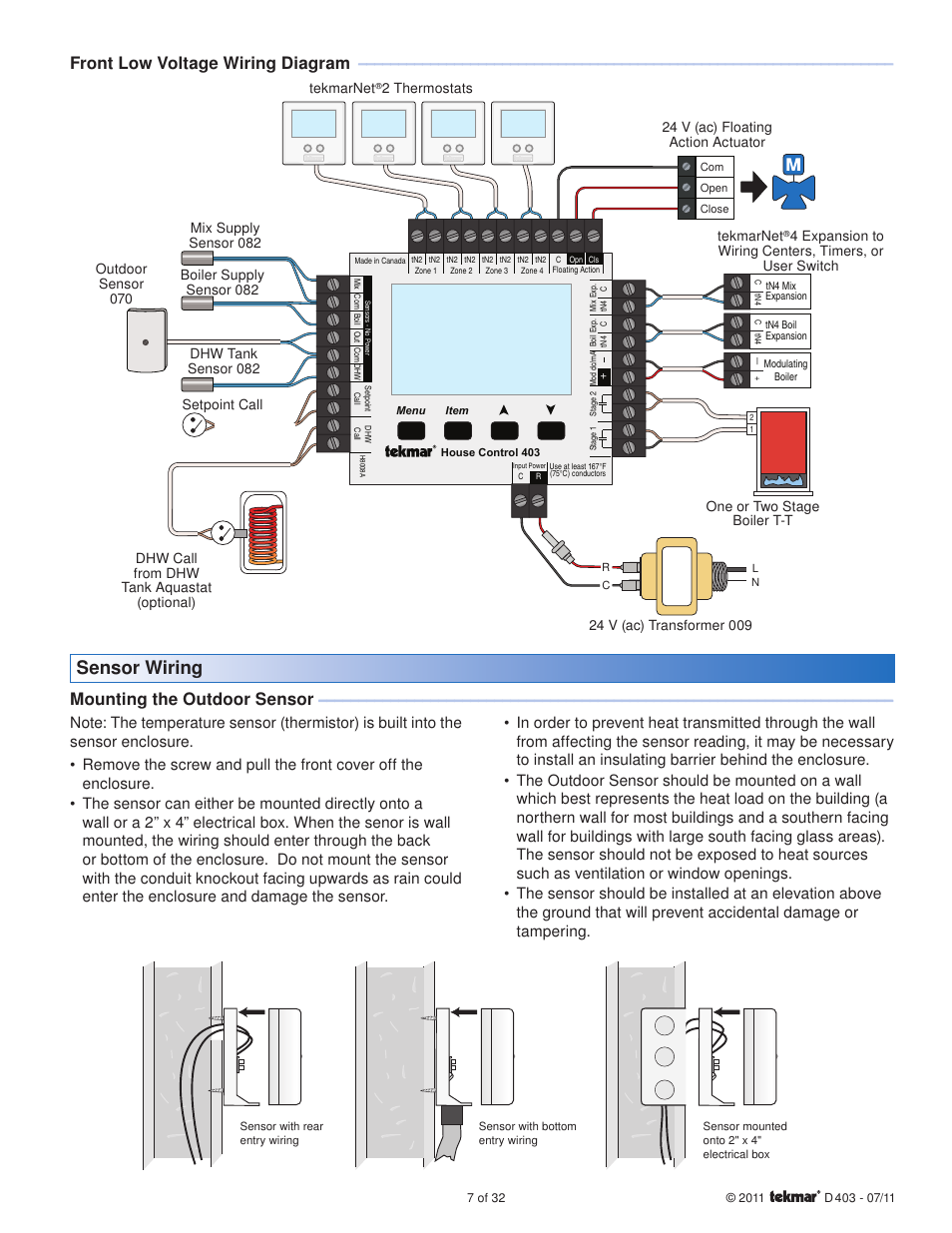 Sensor wiring, Front low voltage wiring diagram, Mounting the outdoor sensor | tekmar 403 House Control Installation User Manual | Page 7 / 32