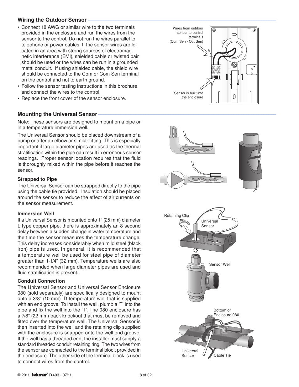 Wiring the outdoor sensor, Mounting the universal sensor | tekmar 403 House Control Installation User Manual | Page 8 / 32