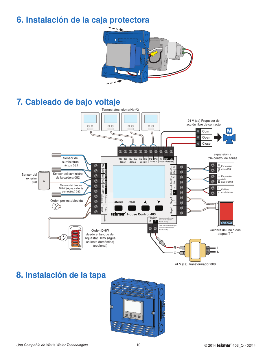 Instalación de la caja protectora, Instalación de la tapa, Cableado de bajo voltaje | tekmar 403 House Control Quick Start User Manual | Page 10 / 12