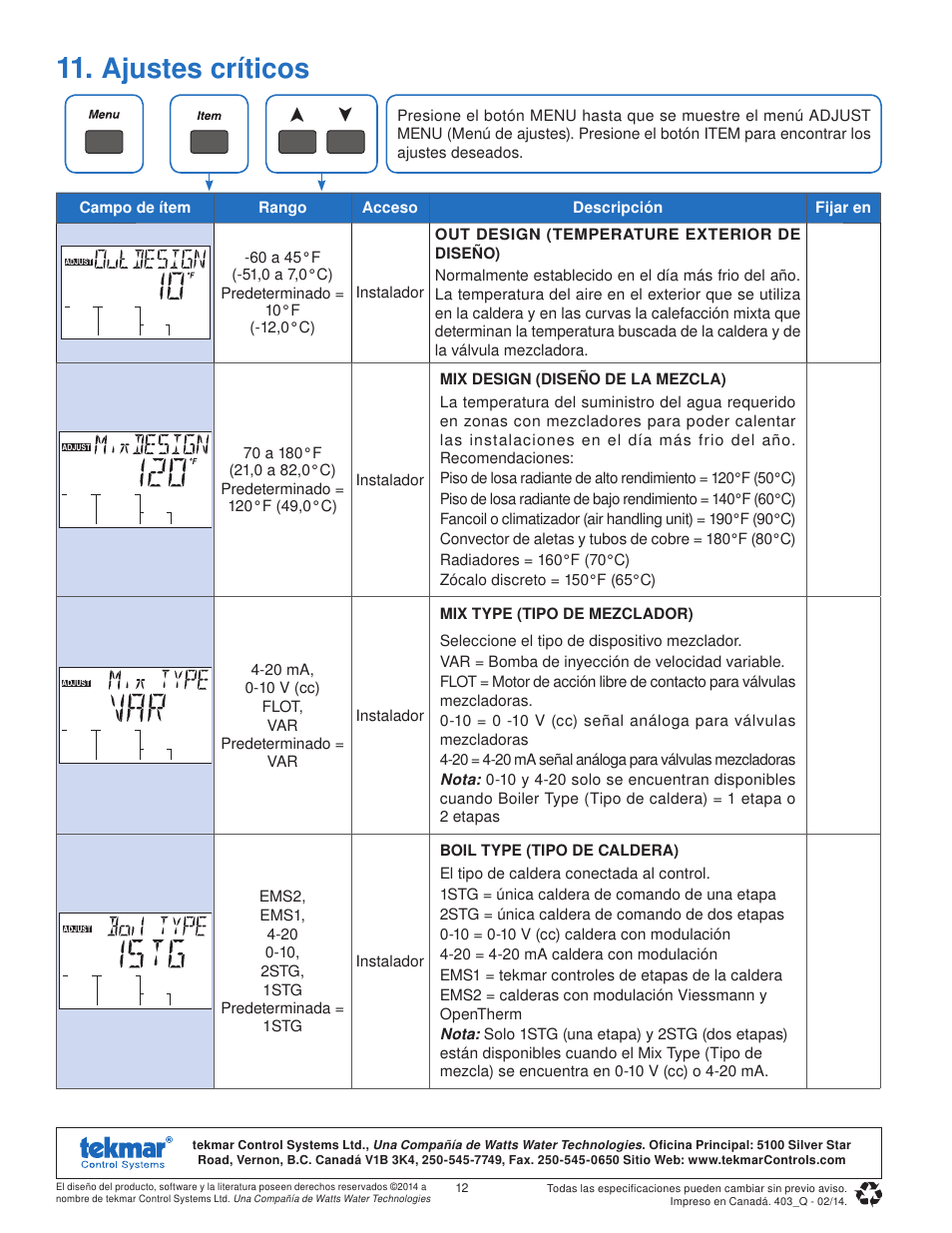 Ajustes críticos | tekmar 403 House Control Quick Start User Manual | Page 12 / 12