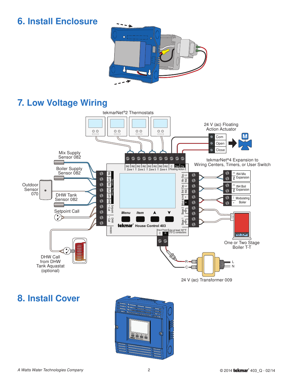 Install enclosure, Install cover, Low voltage wiring | tekmar 403 House Control Quick Start User Manual | Page 2 / 12