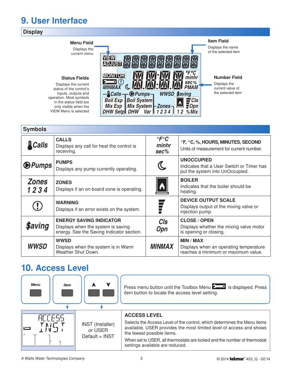 User interface, Saving, Access level | Zones 1 2 3 4, Calls, Pumps, Wwsd, Cls opn, Max min | tekmar 403 House Control Quick Start User Manual | Page 3 / 12