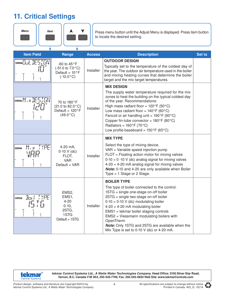 Critical settings | tekmar 403 House Control Quick Start User Manual | Page 4 / 12