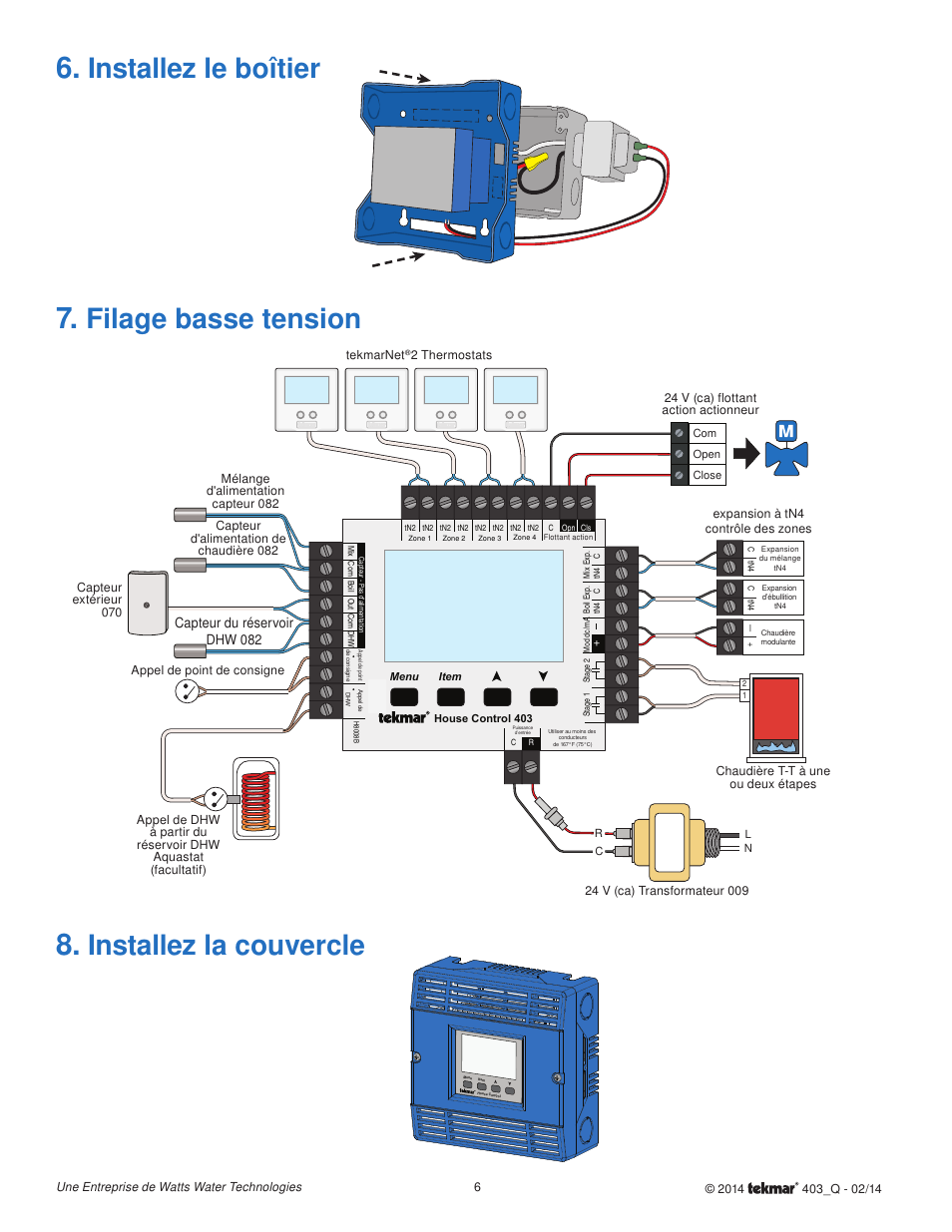 Installez le boîtier, Installez la couvercle, Filage basse tension | Capteur du réservoir dhw 082 | tekmar 403 House Control Quick Start User Manual | Page 6 / 12