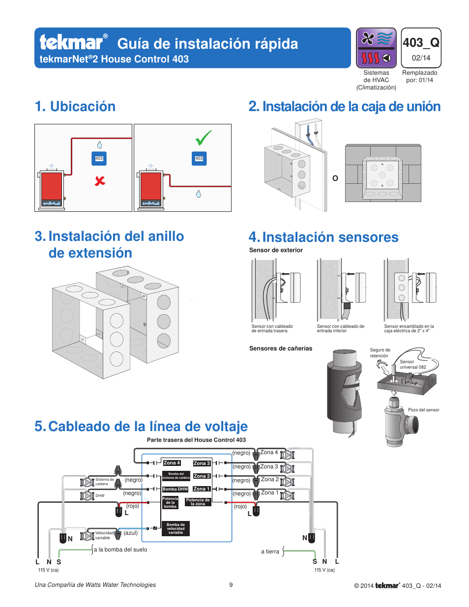Guía de instalación rápida, Ubicación, Instalación sensores | Cableado de la línea de voltaje, 403_q, Tekmarnet, 2 house control 403 | tekmar 403 House Control Quick Start User Manual | Page 9 / 12