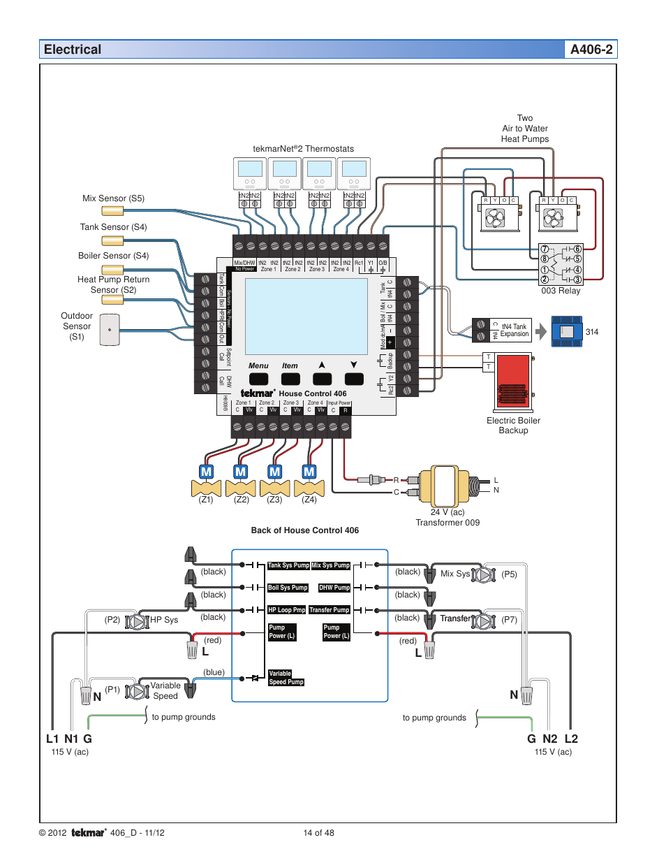 Electrical a406-2, N1 l1 g, N2 g l2 | Nl l | tekmar 406 House Control Installation User Manual | Page 14 / 48