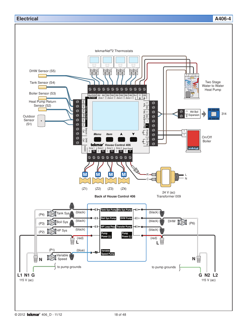 Electrical a406-4, N1 l1 g, N2 g l2 | Nl l | tekmar 406 House Control Installation User Manual | Page 18 / 48