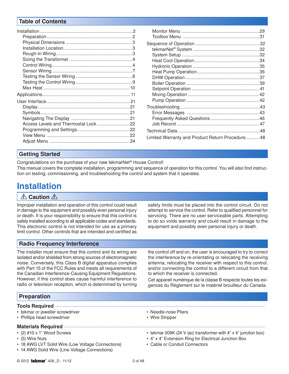 Installation | tekmar 406 House Control Installation User Manual | Page 2 / 48