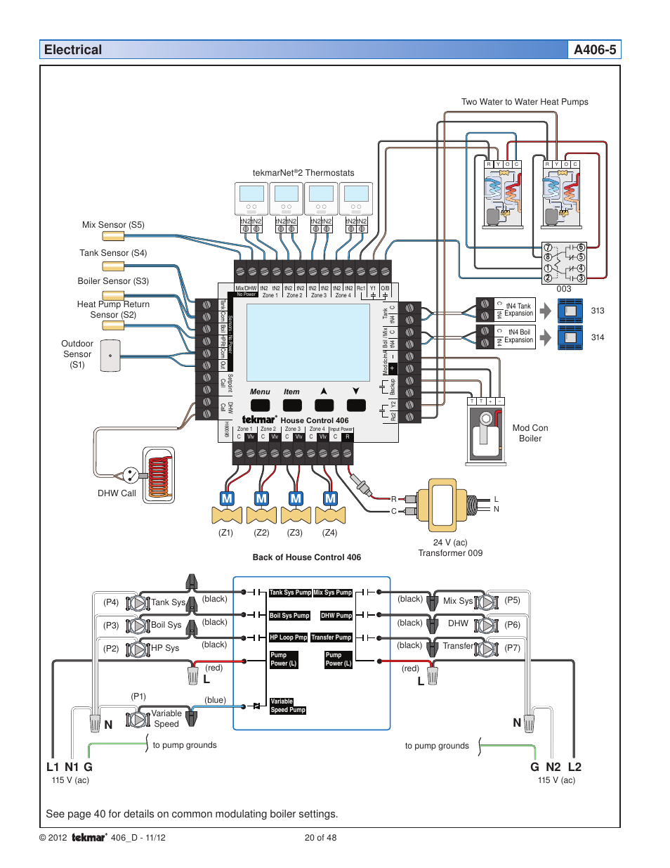 Electrical a406-5, N1 l1 g, N2 g l2 | Nl l | tekmar 406 House Control Installation User Manual | Page 20 / 48