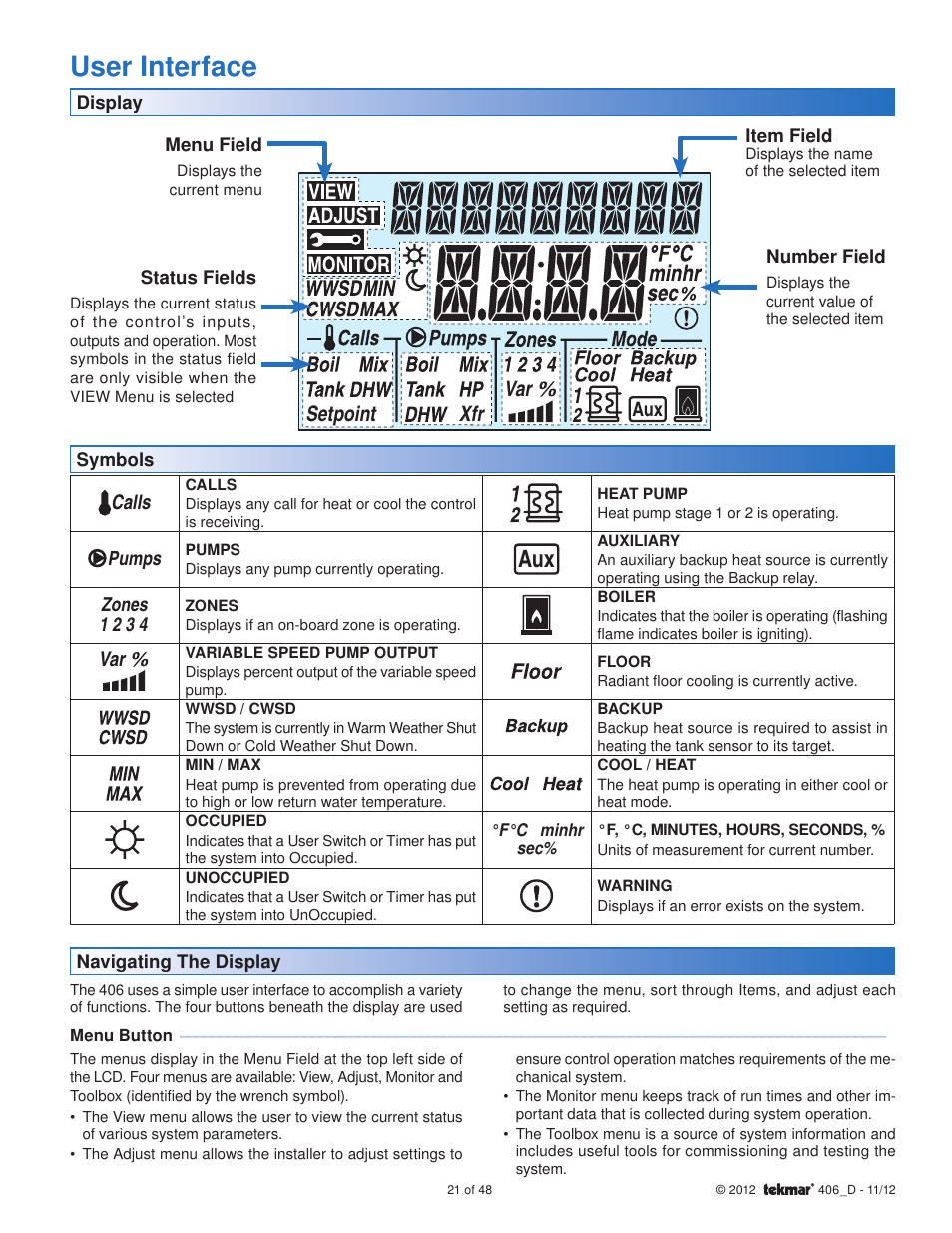 User interface, Setpoint xfr var | tekmar 406 House Control Installation User Manual | Page 21 / 48