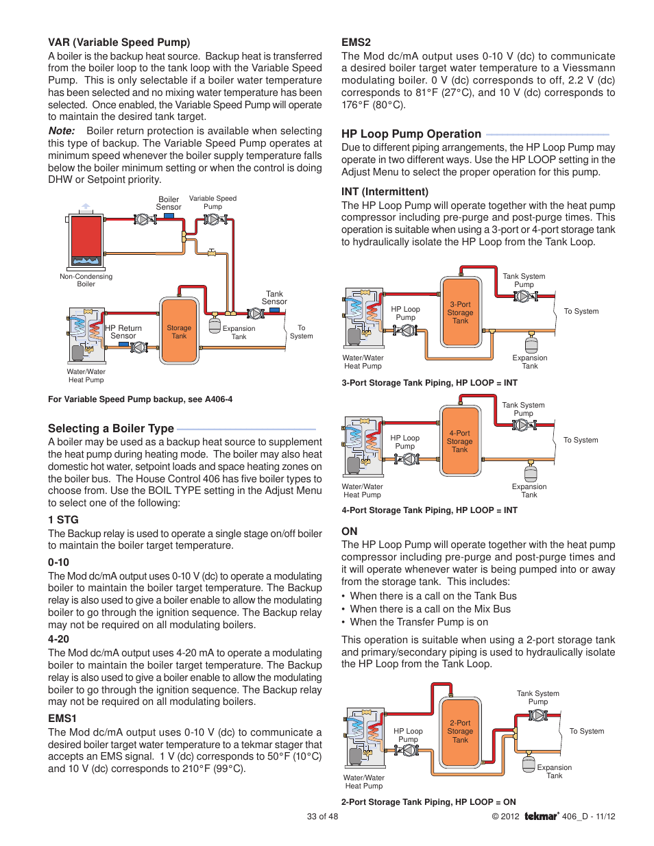 Selecting a boiler type, Hp loop pump operation | tekmar 406 House Control Installation User Manual | Page 33 / 48