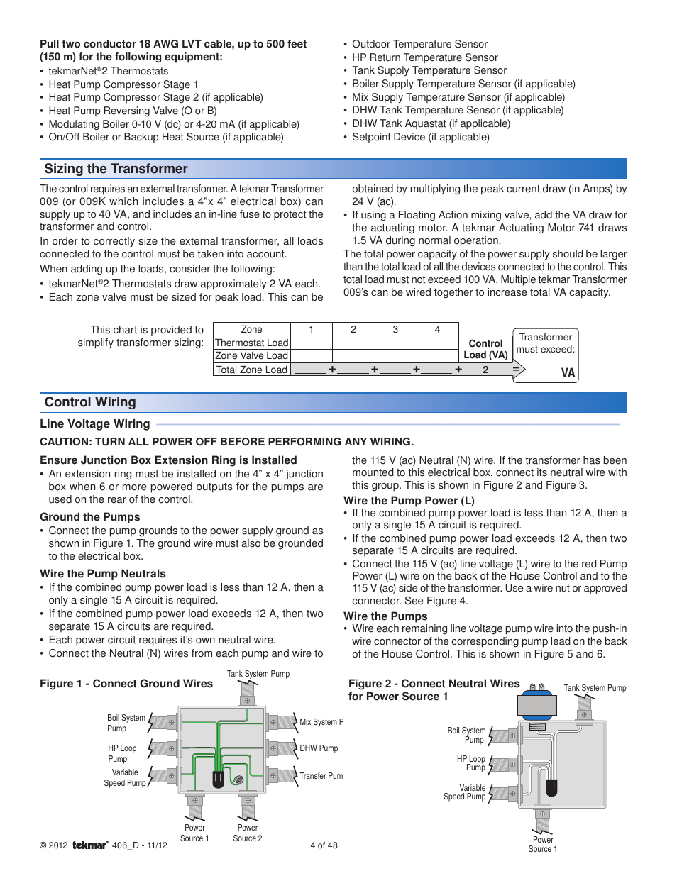 Control wiring, Sizing the transformer | tekmar 406 House Control Installation User Manual | Page 4 / 48