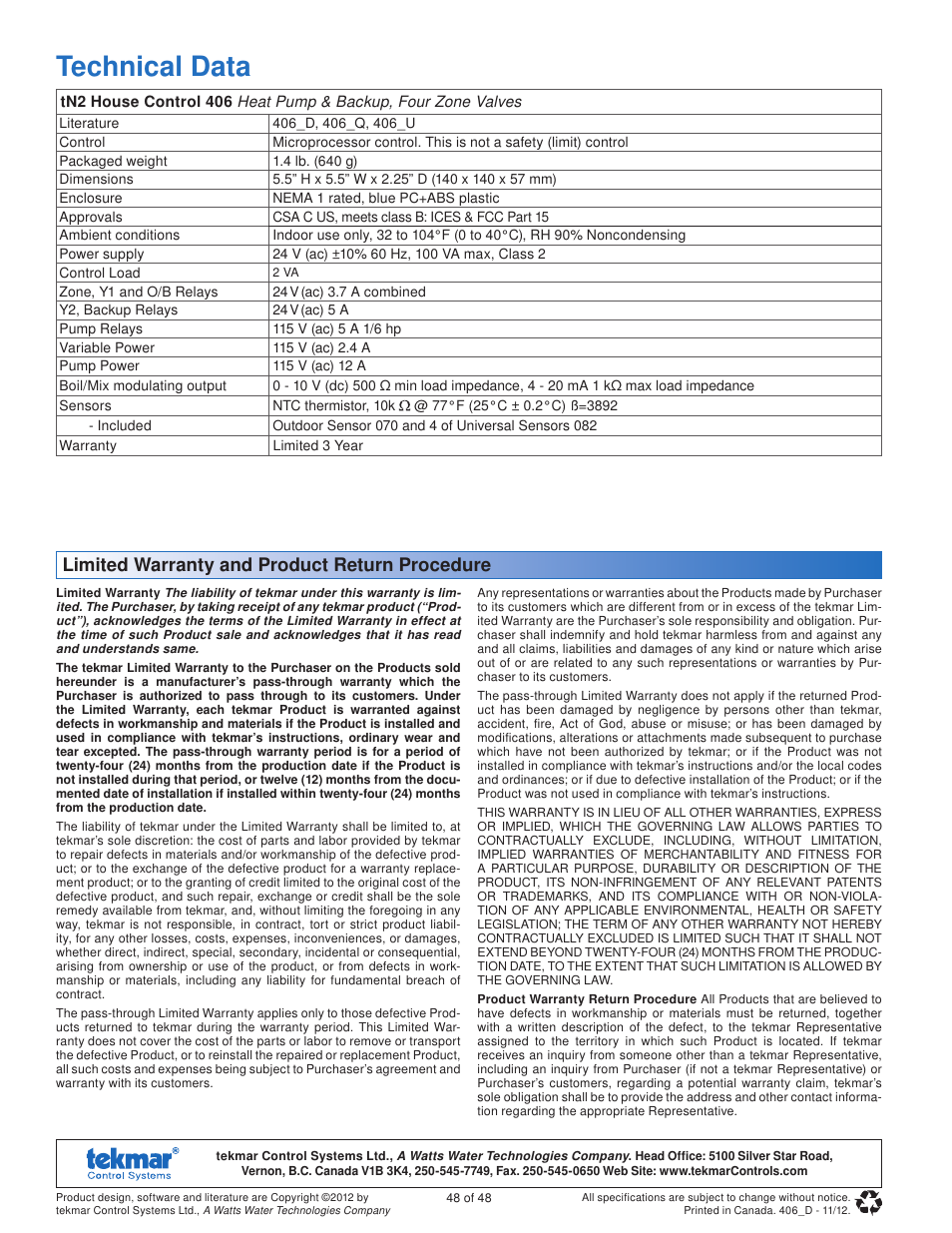 Technical data, Limited warranty and product return procedure | tekmar 406 House Control Installation User Manual | Page 48 / 48