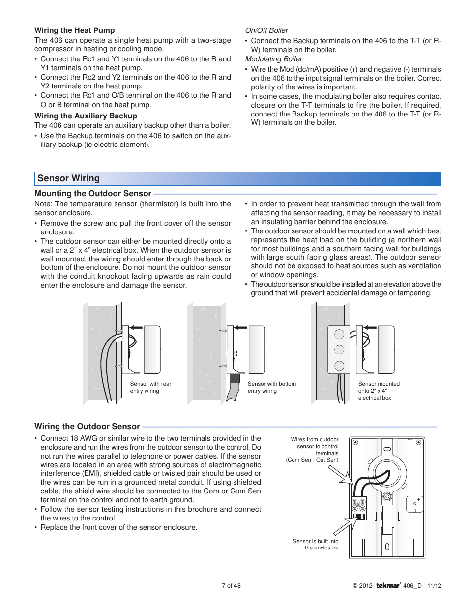 Sensor wiring | tekmar 406 House Control Installation User Manual | Page 7 / 48