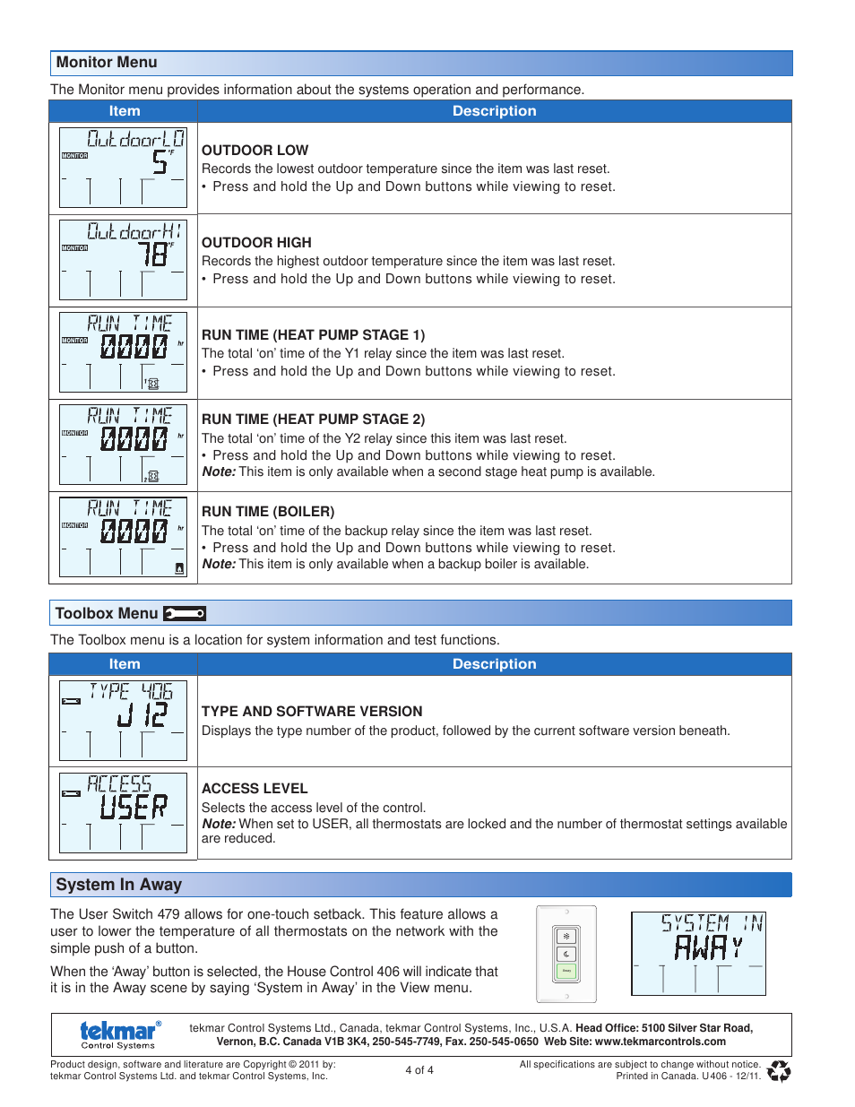 System in away | tekmar 406 House Control User Manuals User Manual | Page 4 / 4