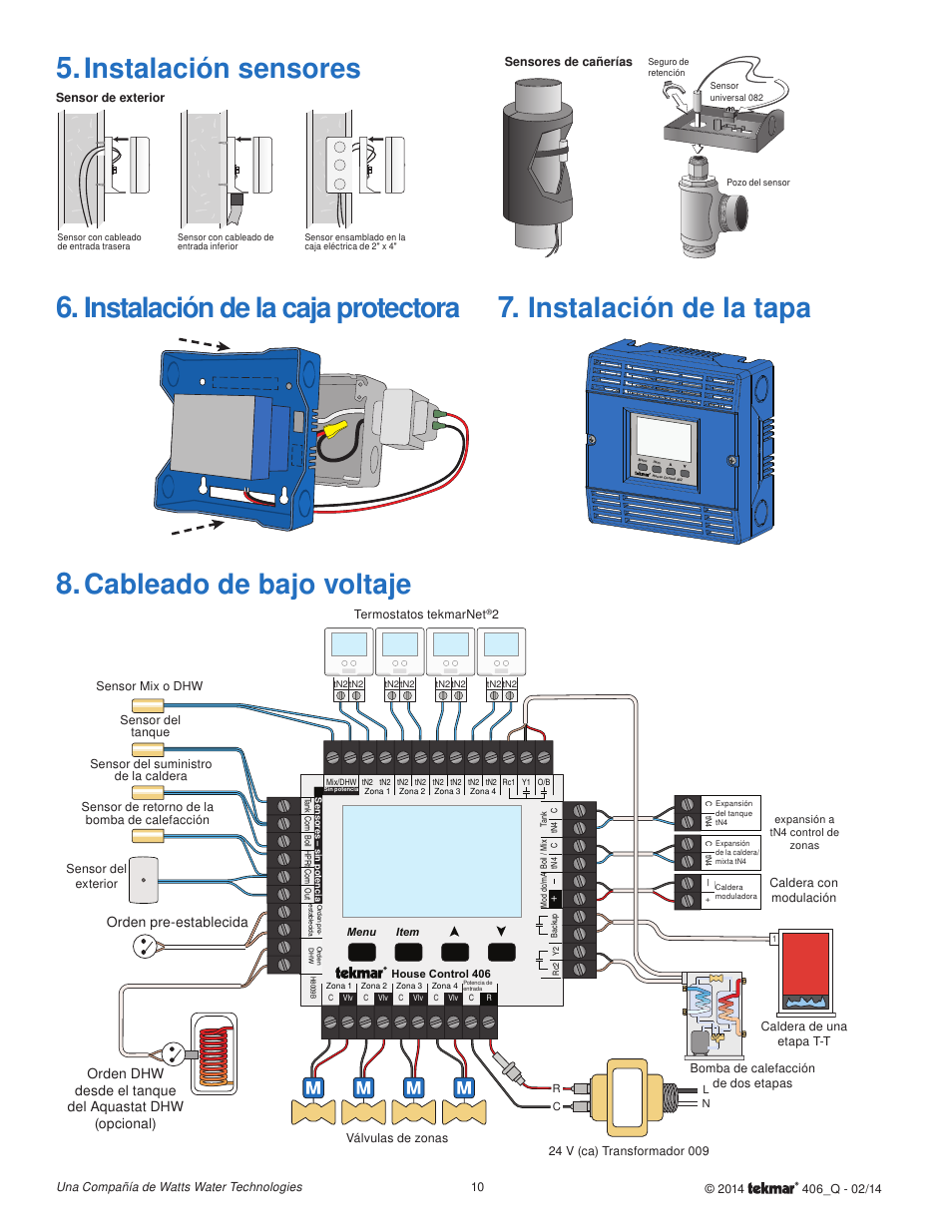 Instalación de la caja protectora, Cableado de bajo voltaje, Instalación de la tapa | Instalación sensores | tekmar 406 House Control Quick Start User Manual | Page 10 / 12