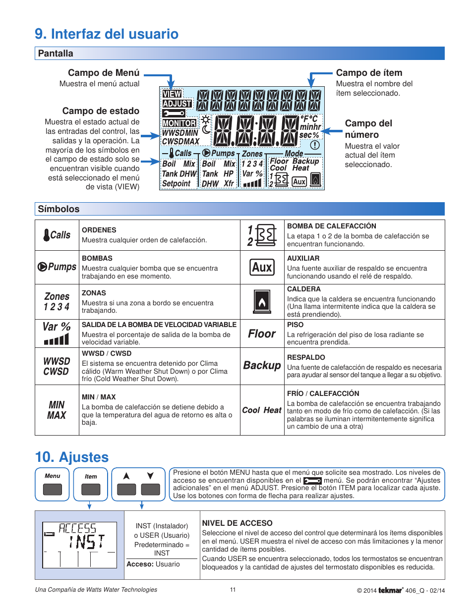 Interfaz del usuario, Ajustes | tekmar 406 House Control Quick Start User Manual | Page 11 / 12