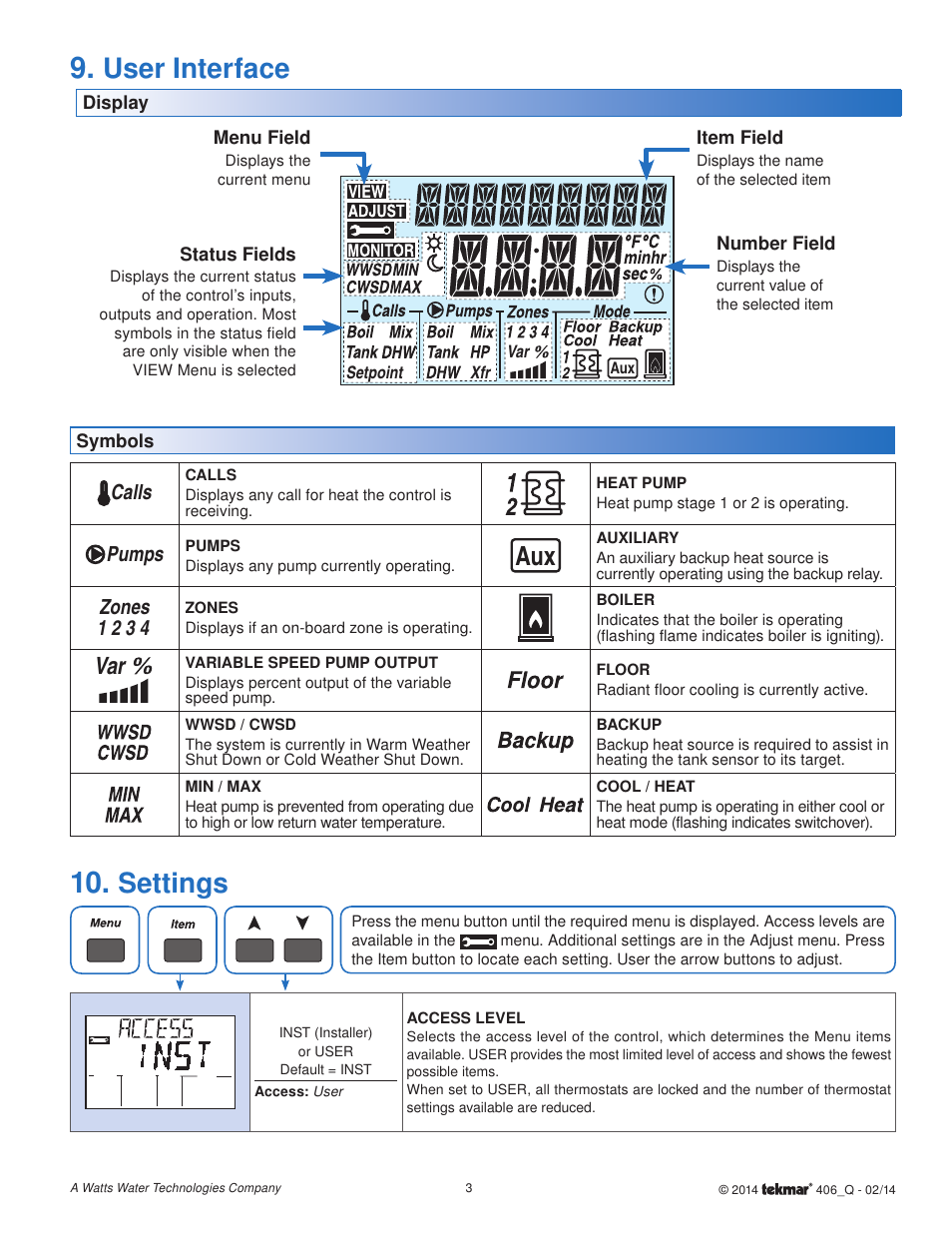 User interface, Settings | tekmar 406 House Control Quick Start User Manual | Page 3 / 12
