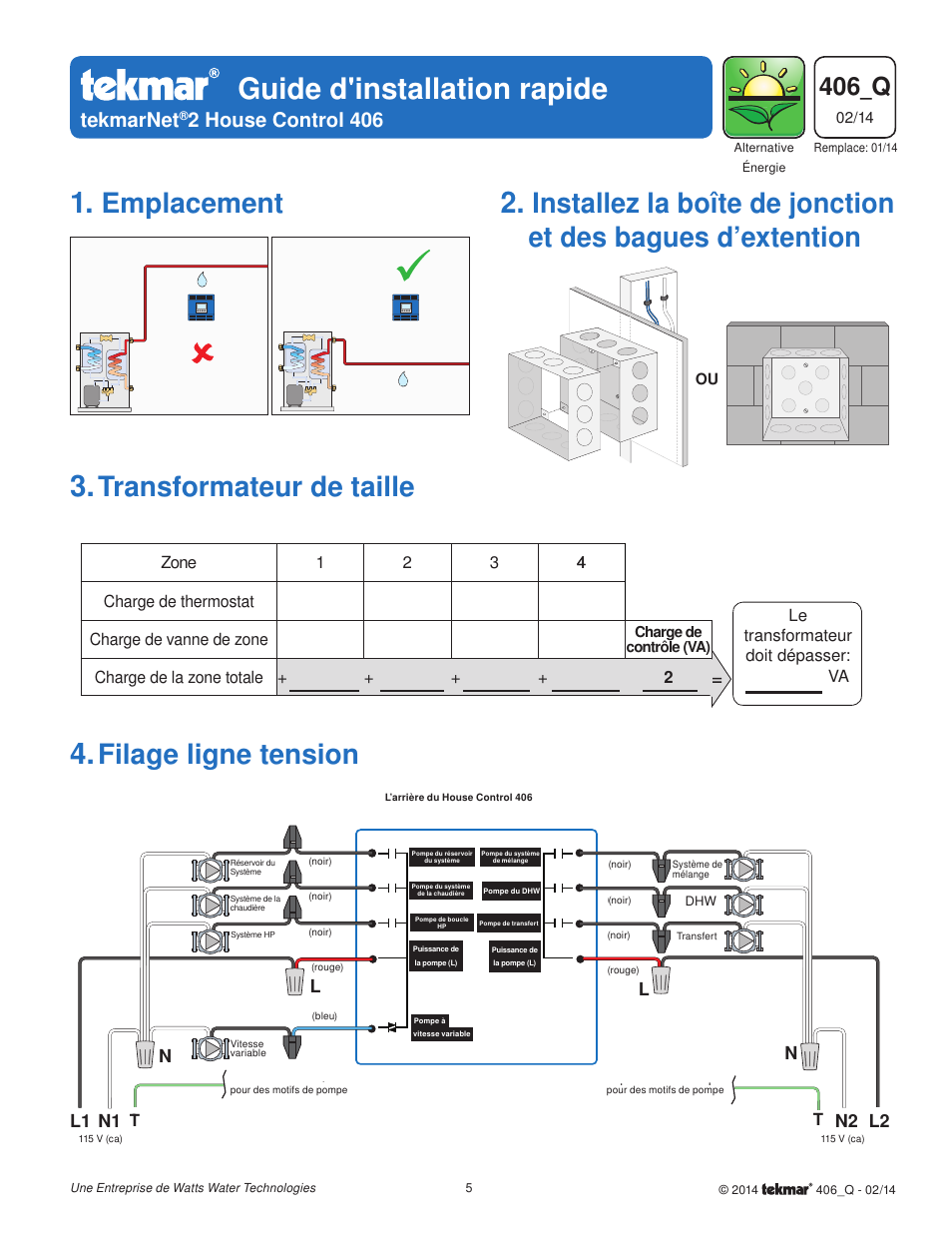 Guide d'installation rapide, Emplacement, Transformateur de taille | Filage ligne tension, 406_q, Tekmarnet, 2 house control 406, N1 l1 g, N2 g l2, Nl l | tekmar 406 House Control Quick Start User Manual | Page 5 / 12