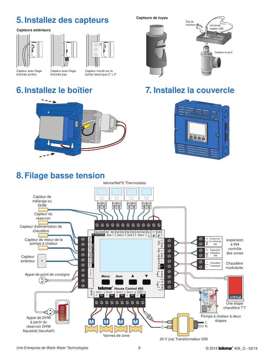 Installez le boîtier, Filage basse tension, Installez la couvercle | Installez des capteurs | tekmar 406 House Control Quick Start User Manual | Page 6 / 12
