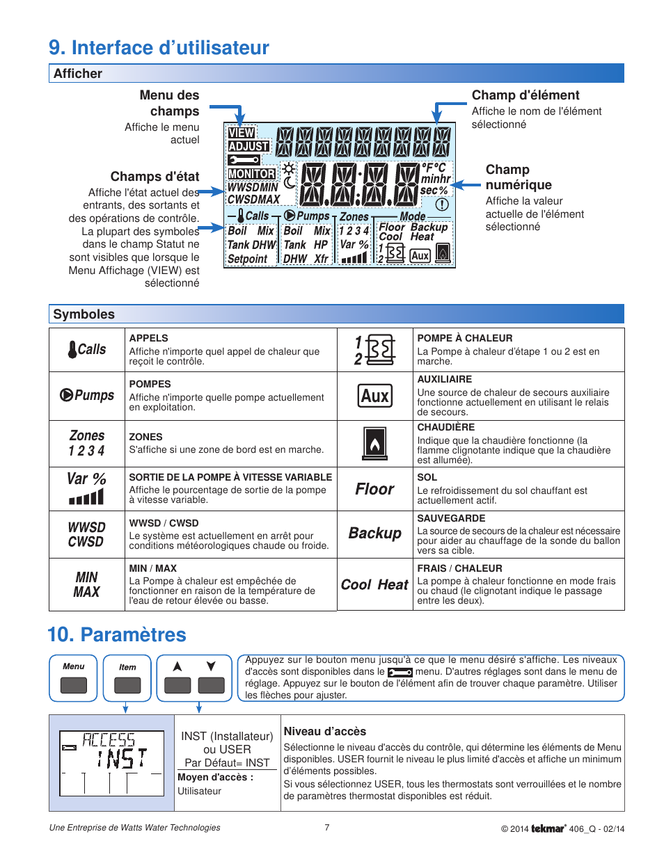Interface d’utilisateur, Paramètres, Calls | Pumps, Zones 1 2 3 4 | tekmar 406 House Control Quick Start User Manual | Page 7 / 12