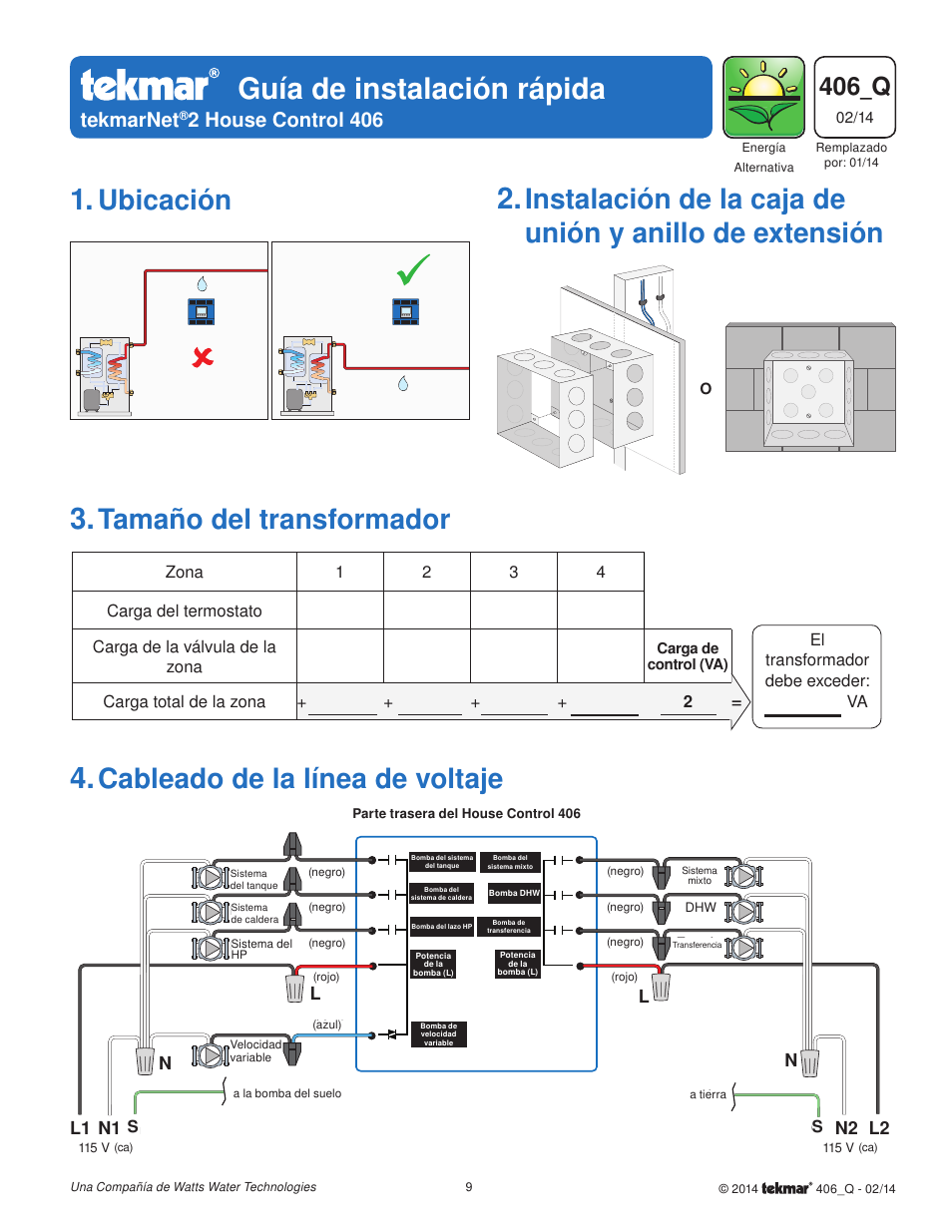 Guía de instalación rápida, Ubicación, Tamaño del transformador | Cableado de la línea de voltaje, 406_q, Tekmarnet, 2 house control 406, N1 l1 g, N2 g l2, Nl l | tekmar 406 House Control Quick Start User Manual | Page 9 / 12