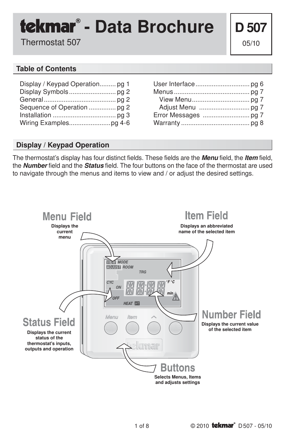 tekmar 507 Thermostat Installation User Manual | 8 pages