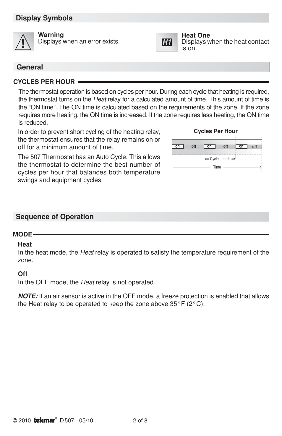 General display symbols, Sequence of operation | tekmar 507 Thermostat Installation User Manual | Page 2 / 8