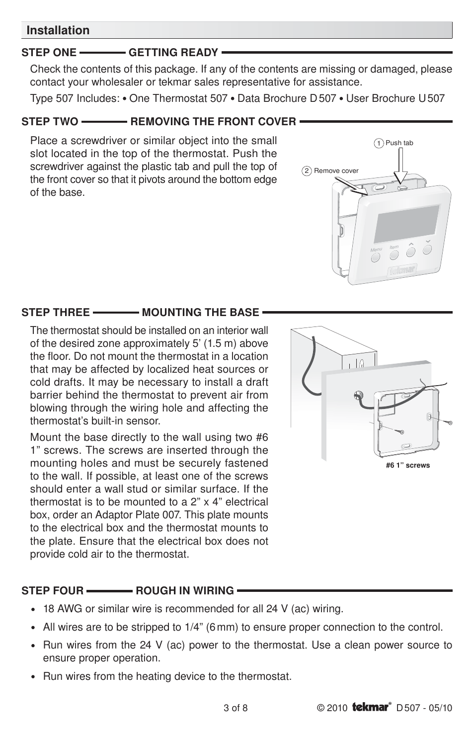 Installation | tekmar 507 Thermostat Installation User Manual | Page 3 / 8