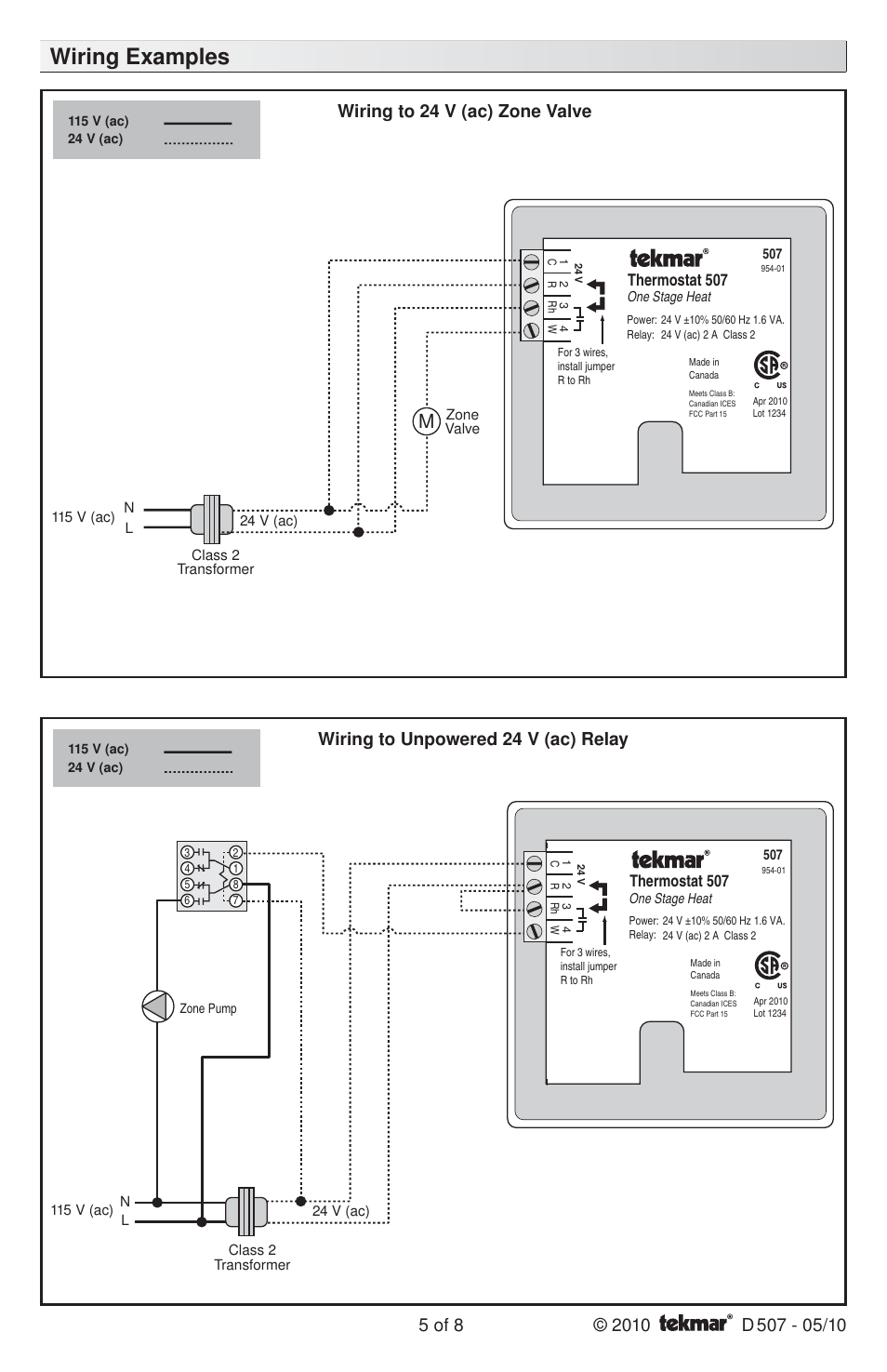 Wiring examples | tekmar 507 Thermostat Installation User Manual | Page 5 / 8