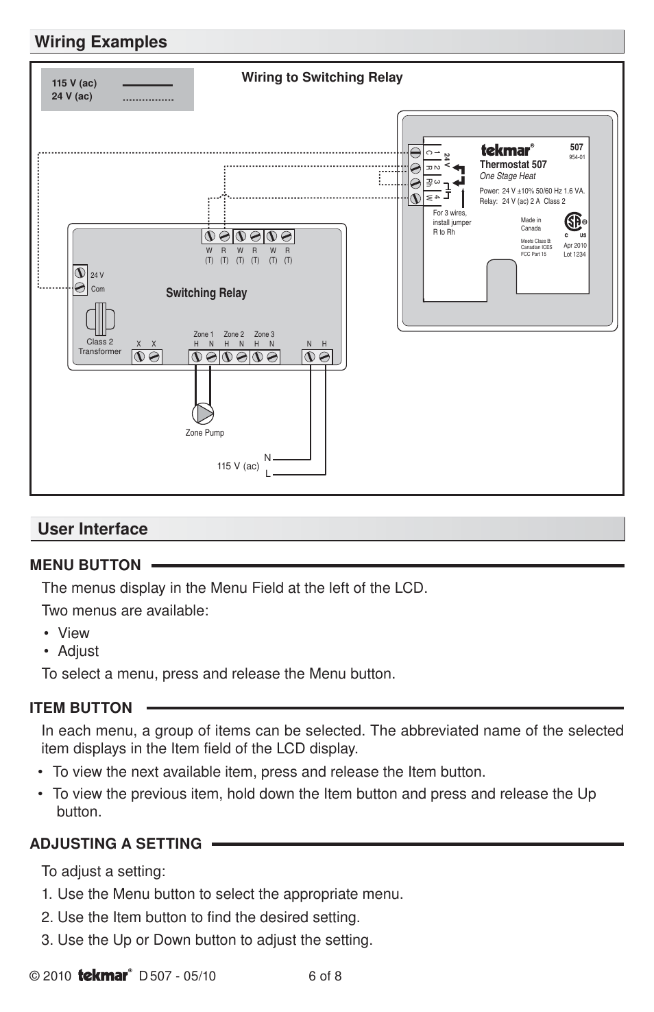 Wiring examples, User interface, Switching relay | tekmar 507 Thermostat Installation User Manual | Page 6 / 8