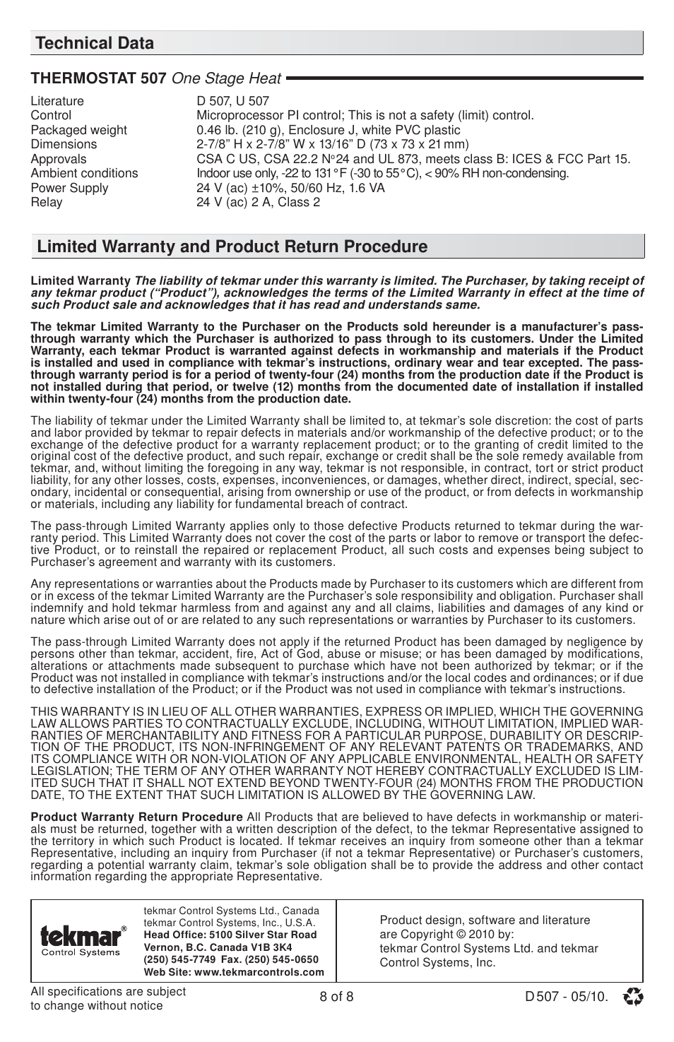 Thermostat 507 one stage heat | tekmar 507 Thermostat Installation User Manual | Page 8 / 8