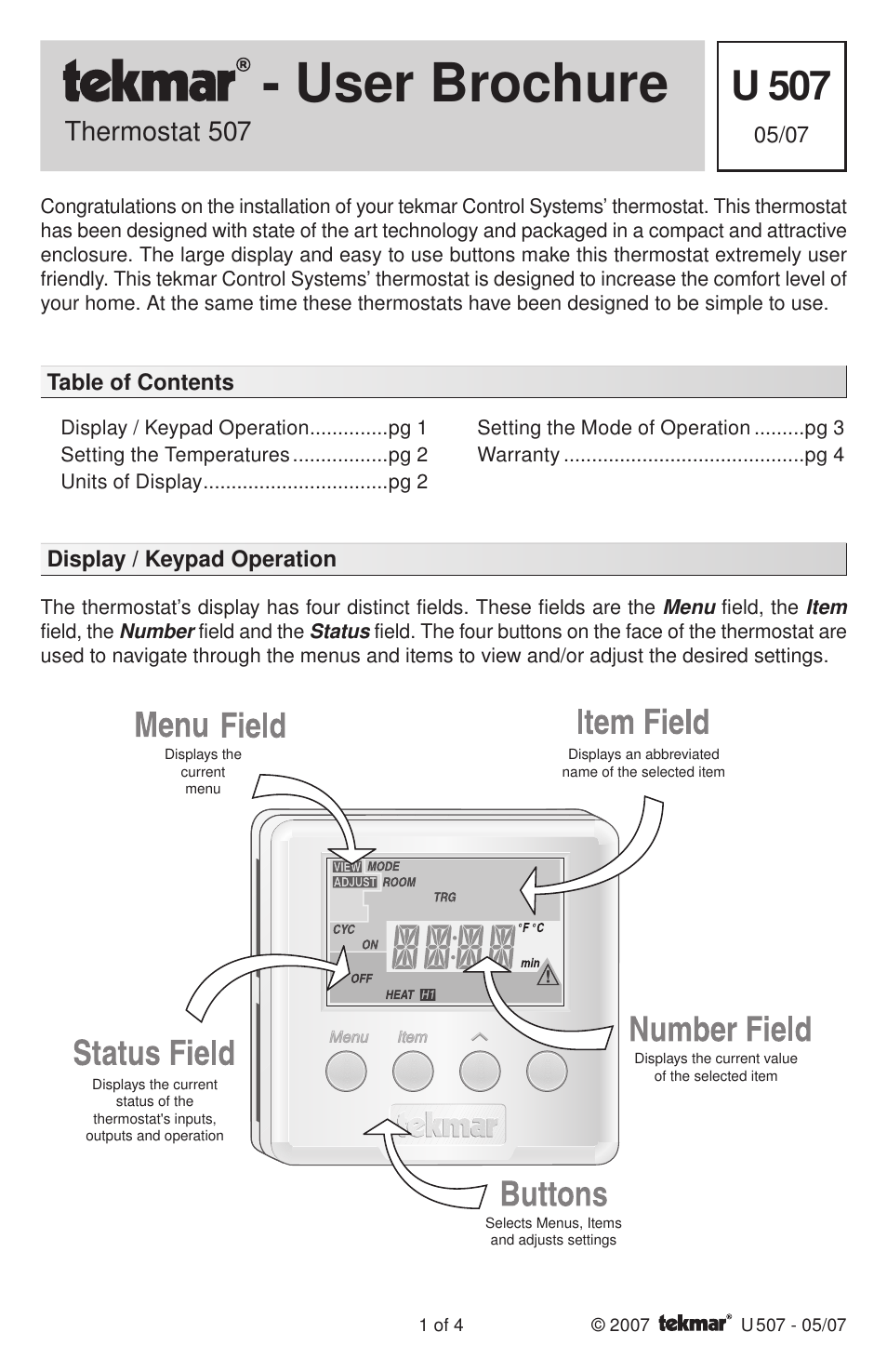 tekmar 507 Thermostat User Manuals User Manual | 4 pages