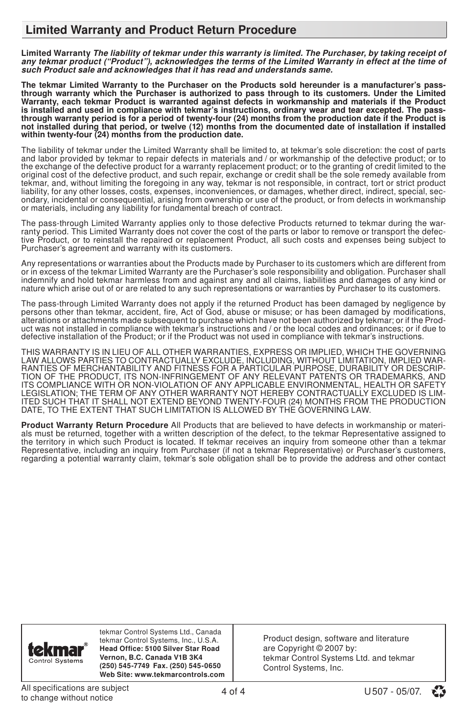 Limited warranty and product return procedure | tekmar 507 Thermostat User Manuals User Manual | Page 4 / 4