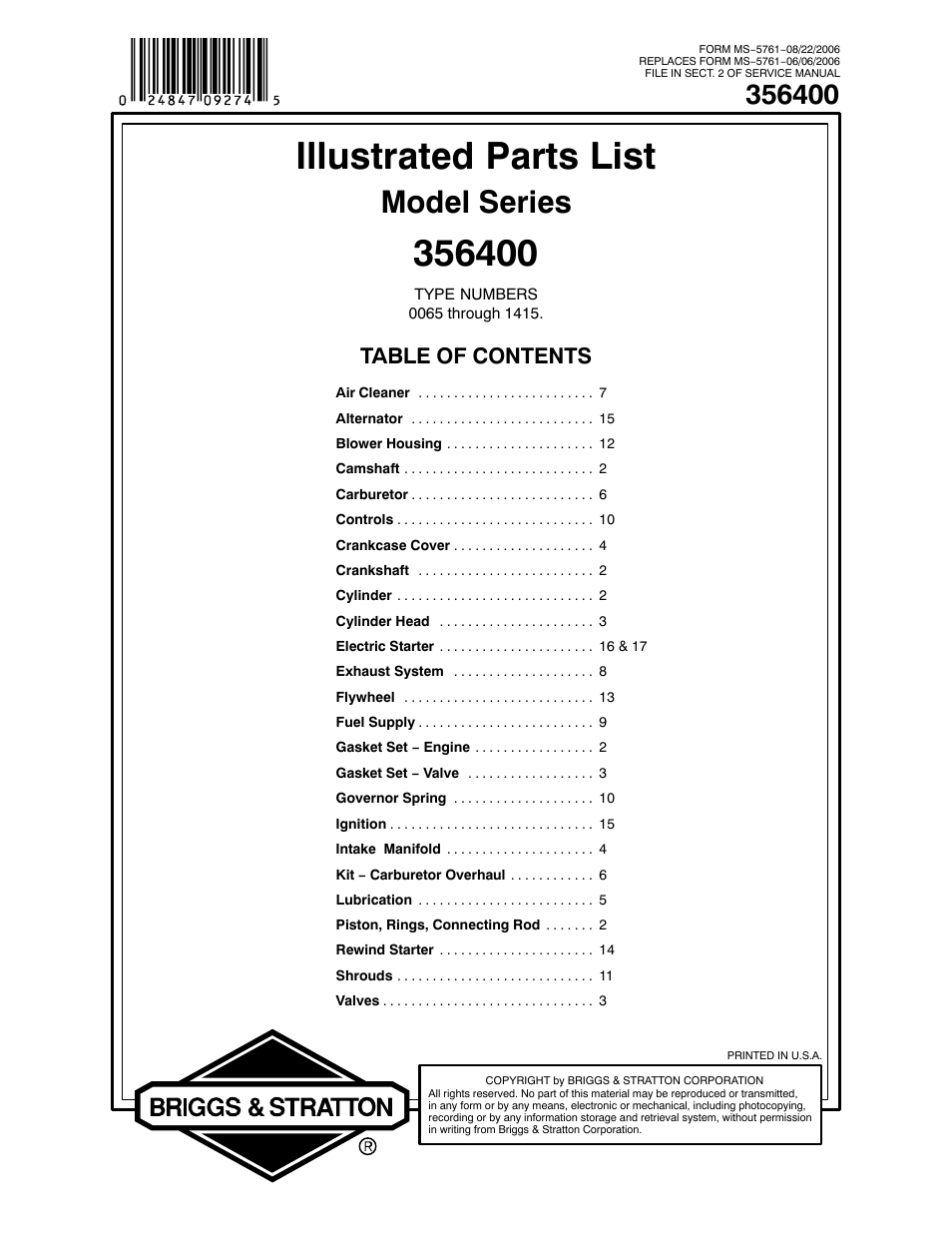 Briggs & Stratton 356400 User Manual | 26 pages