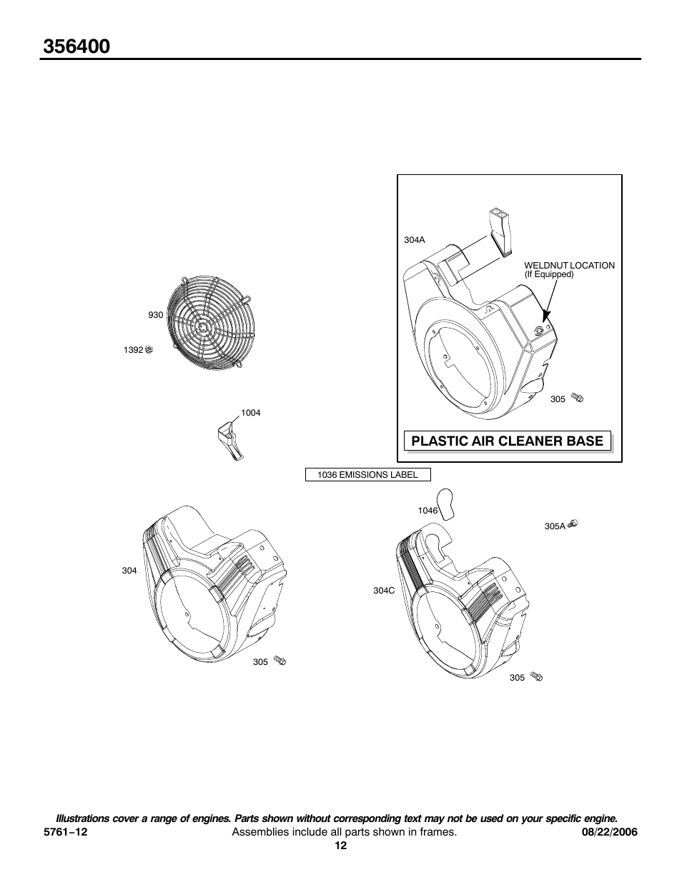 Plastic air cleaner base | Briggs & Stratton 356400 User Manual | Page 12 / 26