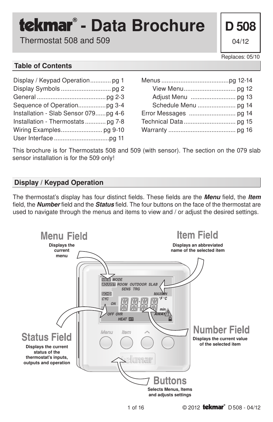 tekmar 509 Thermostat Installation User Manual | 16 pages