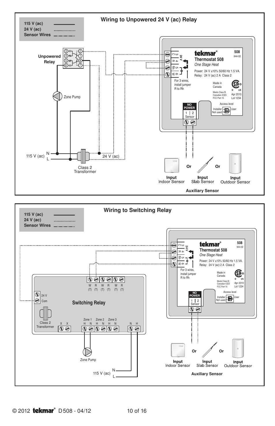 Wiring to switching relay, Switching relay, Thermostat 508 | tekmar 509 Thermostat Installation User Manual | Page 10 / 16