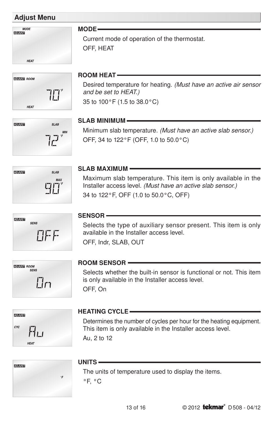 tekmar 509 Thermostat Installation User Manual | Page 13 / 16